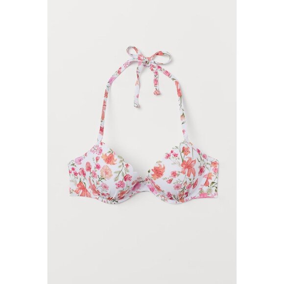 H&M White Pink Floral Scalloped 2pc Halter Bikini Set, Size 36D/10 - Picture 10 of 12